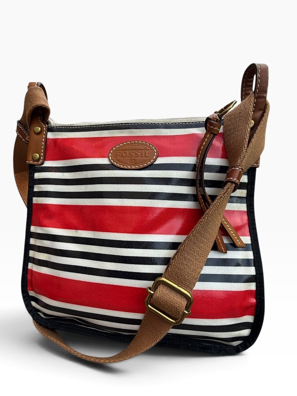 FOSSIL Keyper Red Black White Striped Coated Canvas Crossbody Bag Medium